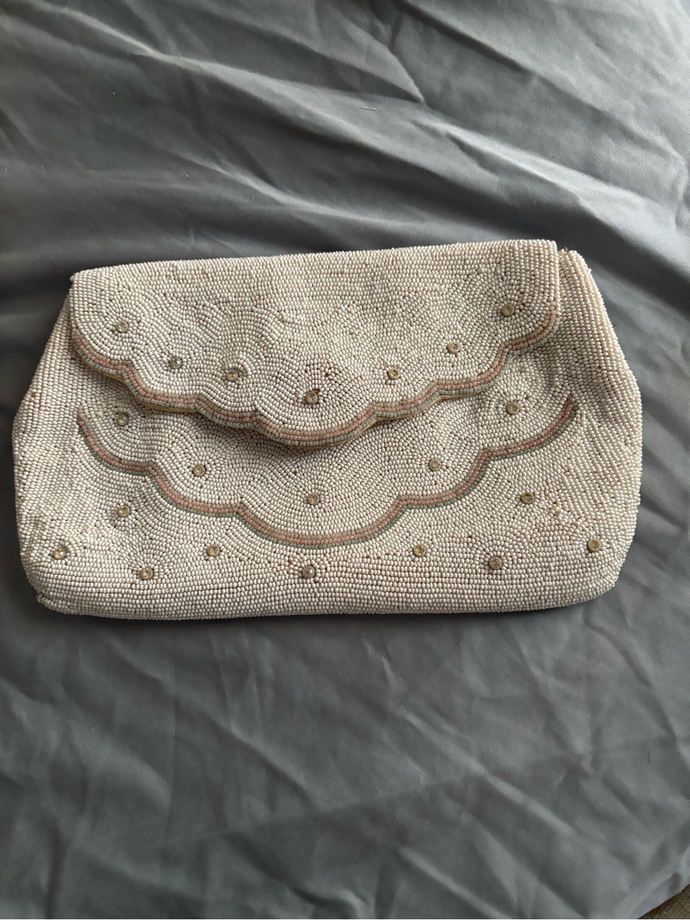 Beaded Scalloped Envelope Clutch in Ivory